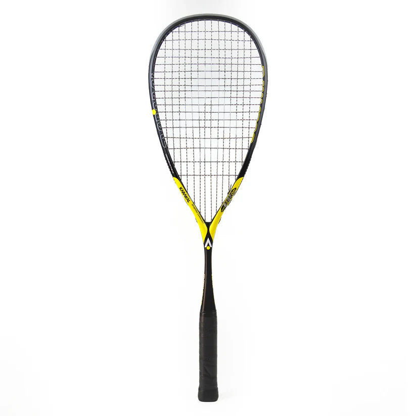 The Karakal Raw 120 2.1 Squash Racket by Karakal features a black and yellow frame, black strings, and a black grip. This ultra-light racket is shown against a plain white background.