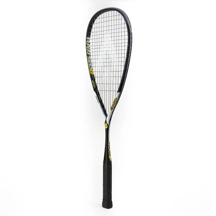The Karakal Raw 120 2.1 Squash Racket by Karakal is a black, ultra-light racket with yellow accents and tightly strung strings, displayed upright on a plain white background.