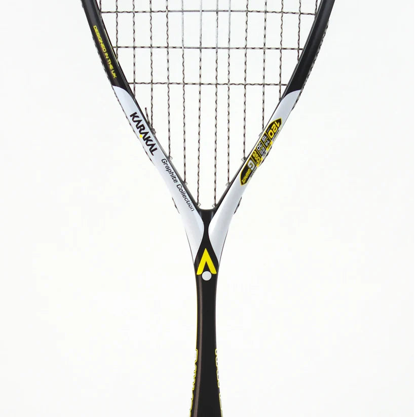 The Karakal Raw 120 2.1 Squash Racket by Karakal, featuring black, white, and yellow colors and a triangular throat design, is shown tightly strung against a plain white background.