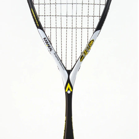 The Karakal Raw 120 2.1 Squash Racket by Karakal, featuring black, white, and yellow colors and a triangular throat design, is shown tightly strung against a plain white background.