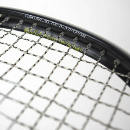 Close-up of the Karakal Raw 120 2.1 Squash Racket by Karakal, featuring a black ultra-light frame with tightly strung strings and "GRAPHITE" printed in white and yellow on the frame. The background is plain white.