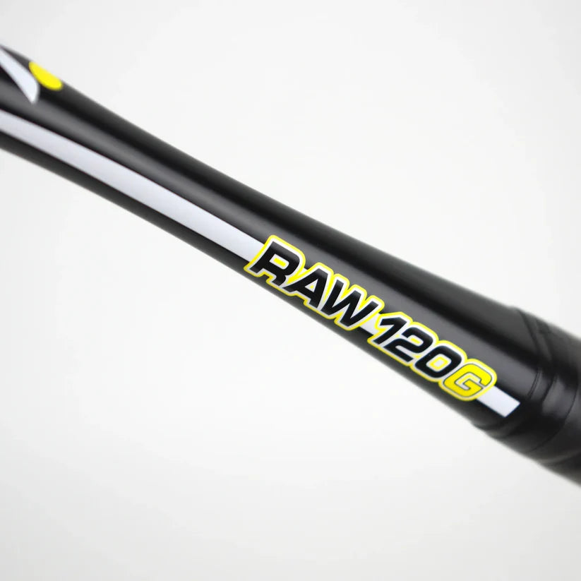 Close-up of the Karakal Raw 120 2.1 Squash Racket's black graphite shaft with white and yellow accents, displaying RAW 120 G in bold letters on this ultra-light Karakal squash racket.