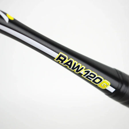 Close-up of the Karakal Raw 120 2.1 Squash Racket's black graphite shaft with white and yellow accents, displaying RAW 120 G in bold letters on this ultra-light Karakal squash racket.