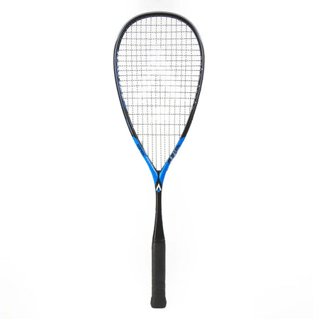 The Karakal Raw 130 2.1 Squash Racket by Karakal has a graphite frame in black and blue, white strings, and a black grip, shown upright on a plain white background.