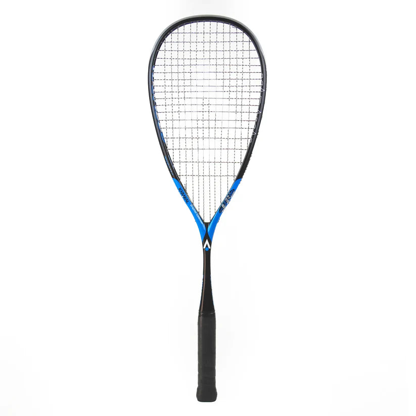 The Karakal Raw 130 2.1 Squash Racket by Karakal has a graphite frame in black and blue, white strings, and a black grip, shown upright on a plain white background.