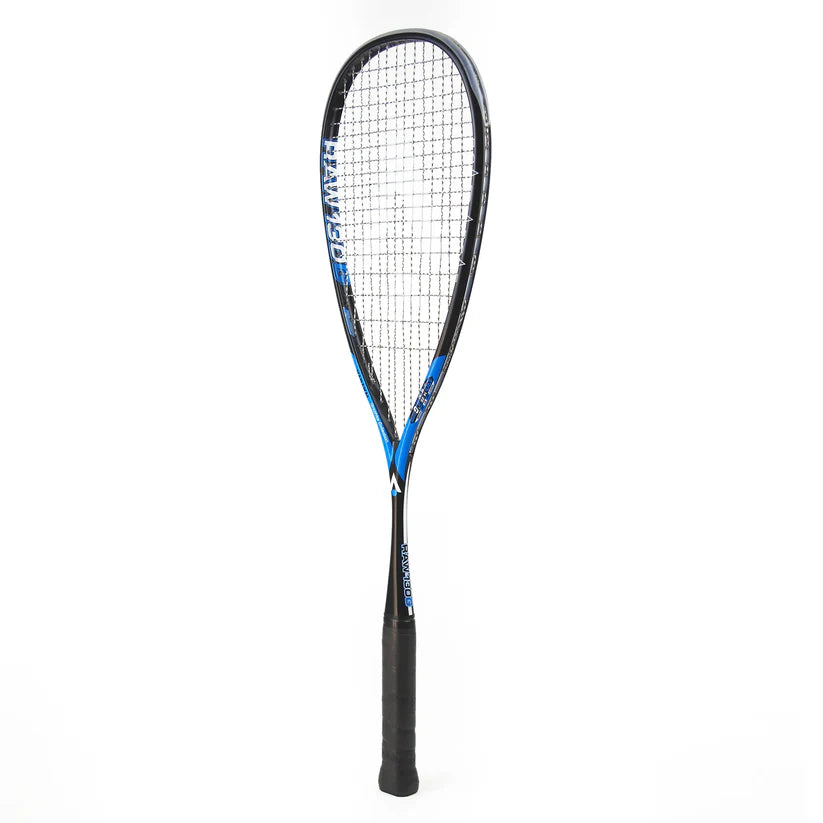 The Karakal Raw 130 2.1 Squash Racket by Karakal features a black and blue design, graphite frame, teardrop head, and black grip, displayed upright against a white background.