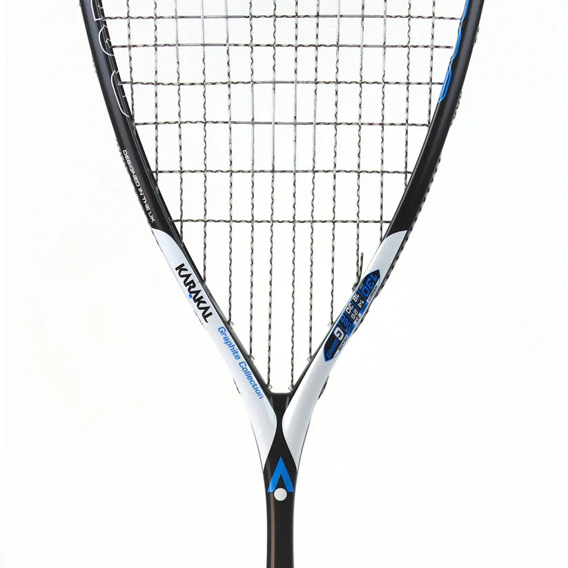 A close-up of the upper part of the Karakal Raw 130 2.1 Squash Racket with a graphite frame, taut strings, and Karakal branding on the black, white, and blue frame against a plain white background.