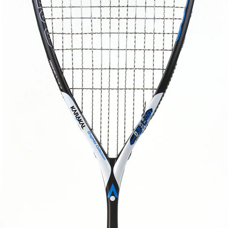 A close-up of the upper part of the Karakal Raw 130 2.1 Squash Racket with a graphite frame, taut strings, and Karakal branding on the black, white, and blue frame against a plain white background.