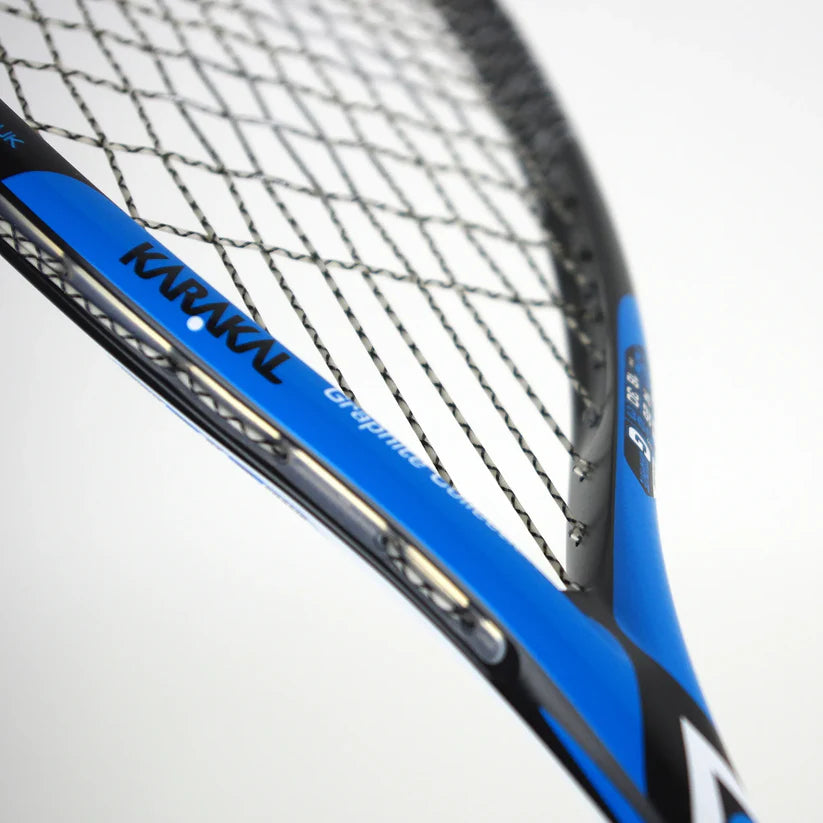 Close-up of the Karakal Raw 130 2.1 Squash Racket by Karakal, featuring its graphite frame, strings, and detailing in blue and black against a plain white background.