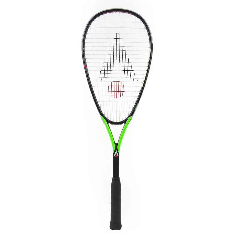 The Karakal Pro Hybrid 2.1 Squash Racket features a lightweight black and green frame, black grip, and large A-shaped strings, shown against a white background.