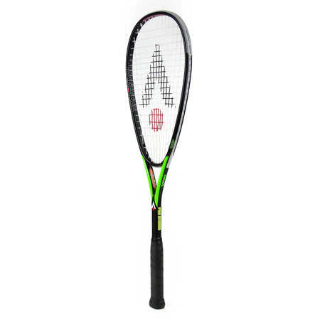 The Karakal Pro Hybrid 2.1 Squash Racket by Karakal features a black and green titanium composite frame, a white string bed with a red and black logo at the center, and ensures lightweight style and performance, displayed on a white background.