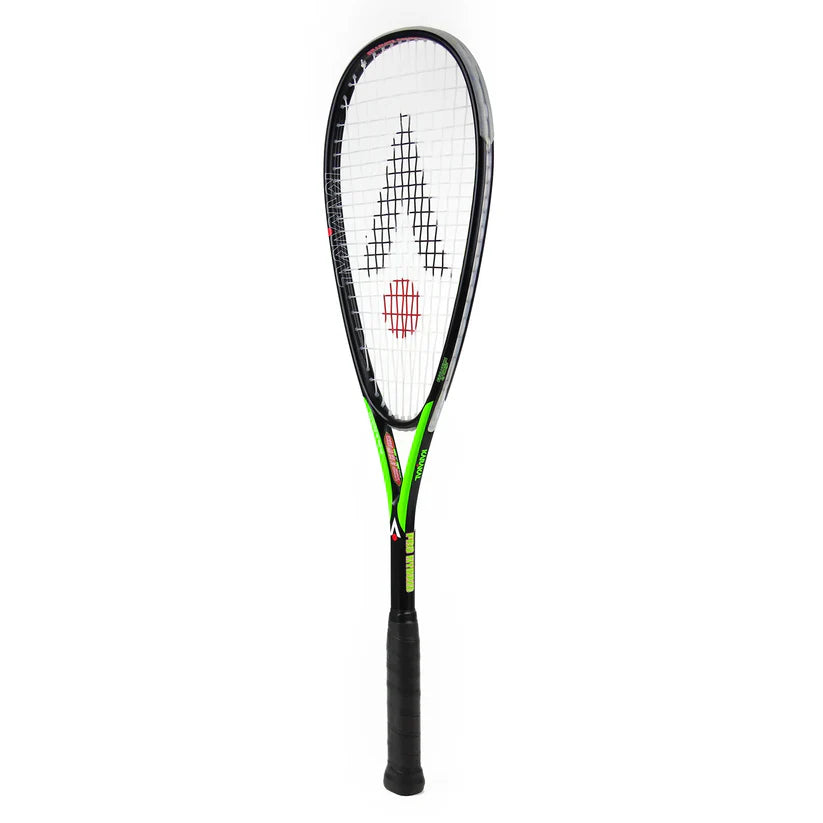 The Karakal Pro Hybrid 2.1 Squash Racket by Karakal features a black and green titanium composite frame, a white string bed with a red and black logo at the center, and ensures lightweight style and performance, displayed on a white background.
