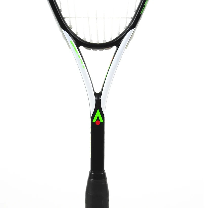 Close-up of the upper handle and throat of the Karakal Pro Hybrid 2.1 Squash Racket, featuring black, white, and green colors, partial strings, and a small red and green logo on the throat of this lightweight Karakal racket.