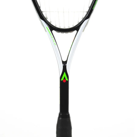 Close-up of the upper handle and throat of the Karakal Pro Hybrid 2.1 Squash Racket, featuring black, white, and green colors, partial strings, and a small red and green logo on the throat of this lightweight Karakal racket.
