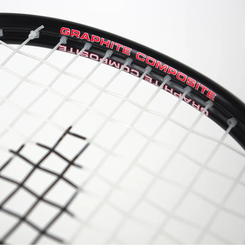 Close-up of a tennis racket head, featuring white strings and the words GRAPHITE COMPOSITE in red on a black frame, resembling the lightweight Karakal Pro Hybrid 2.1 Squash Racket by Karakal.