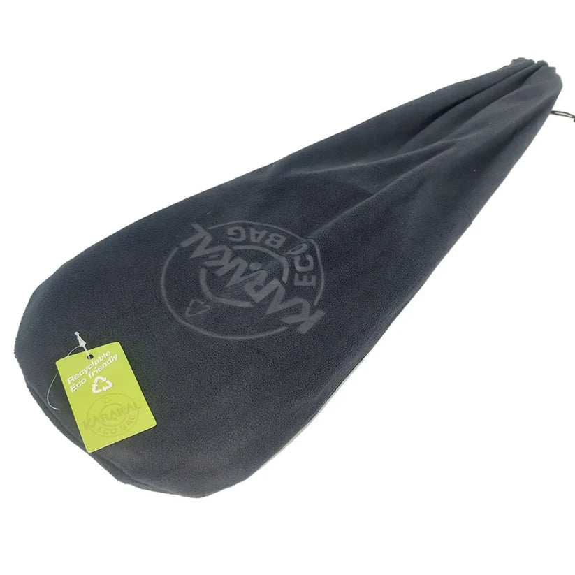 A black fleece cover with a drawstring and green recycled tag, featuring Karakal's circular logo, protects your Karakal Air Power 2.1 Squash Racket, shown on a white background.