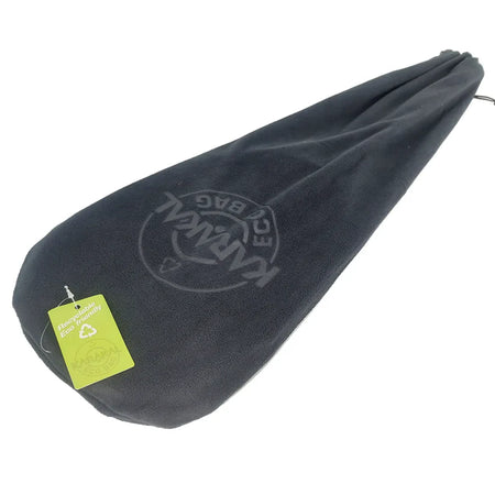 A black fleece cover with a drawstring and green recycled tag, featuring Karakal's circular logo, protects your Karakal Air Power 2.1 Squash Racket, shown on a white background.