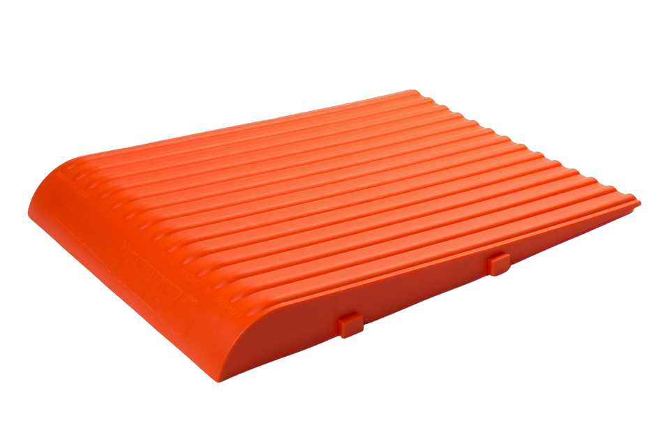 The Katchet Training Aid by Katchet is a bright orange, rectangular plastic fielding aid with a ribbed, curved surface and side tabs, designed to improve cricket training, shown on a white background.