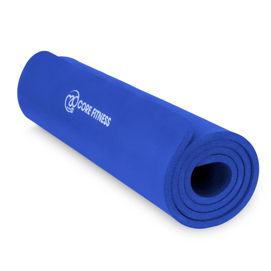 A rolled-up blue Fitness Mad Core Fitness Mat 10mm, made from durable NBR foam and featuring the Fitness Mad logo, displayed on a white background.
