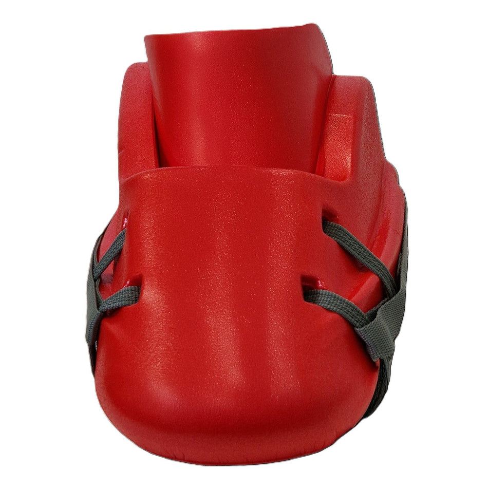 The Mercian Evolution Pro V2 Kickers by Mercian, designed for advanced goalkeeping performance, are shown from the front with a red body and black straps against a white background.
