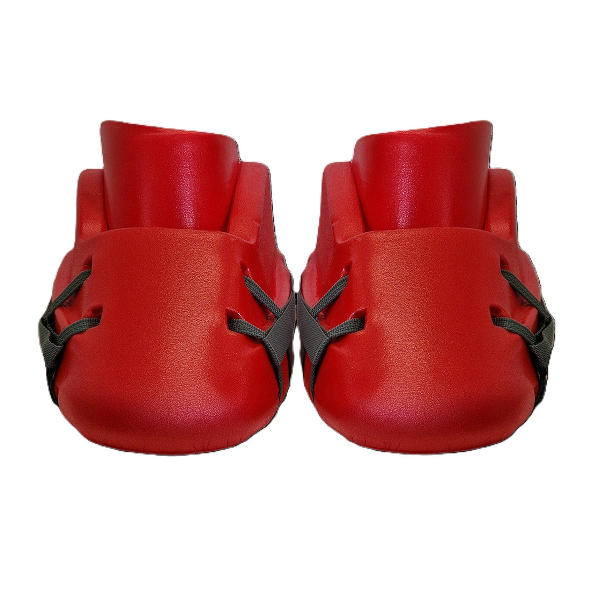 Two bright red Mercian Evolution Pro V2 Kickers by Mercian, advanced foam goalkeeping boots with black straps, are positioned side by side on a white background, facing forward.