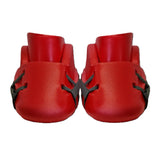 Two bright red Mercian Evolution Pro V2 Kickers by Mercian, advanced foam goalkeeping boots with black straps, are positioned side by side on a white background, facing forward.