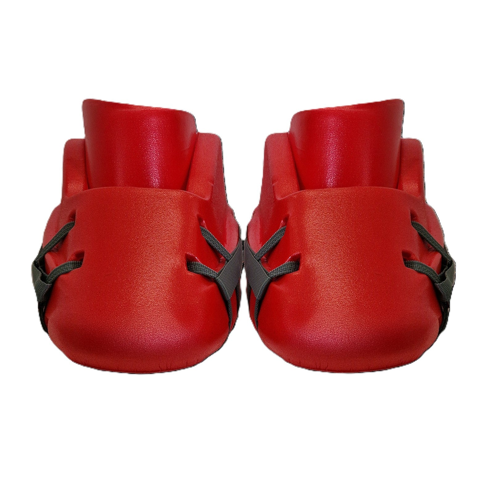 Two bright red Mercian Evolution Pro V2 Kickers by Mercian, advanced foam goalkeeping boots with black straps, are positioned side by side on a white background, facing forward.