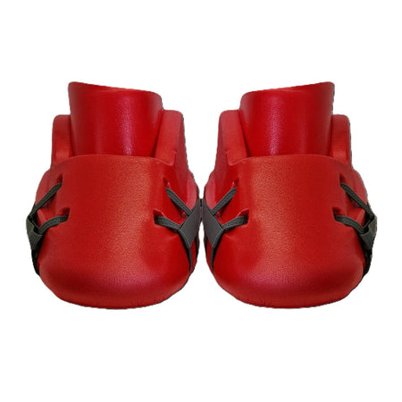 Two bright red Mercian Evolution Pro V2 Kickers by Mercian, advanced foam goalkeeping boots with black straps, are positioned side by side on a white background, facing forward.