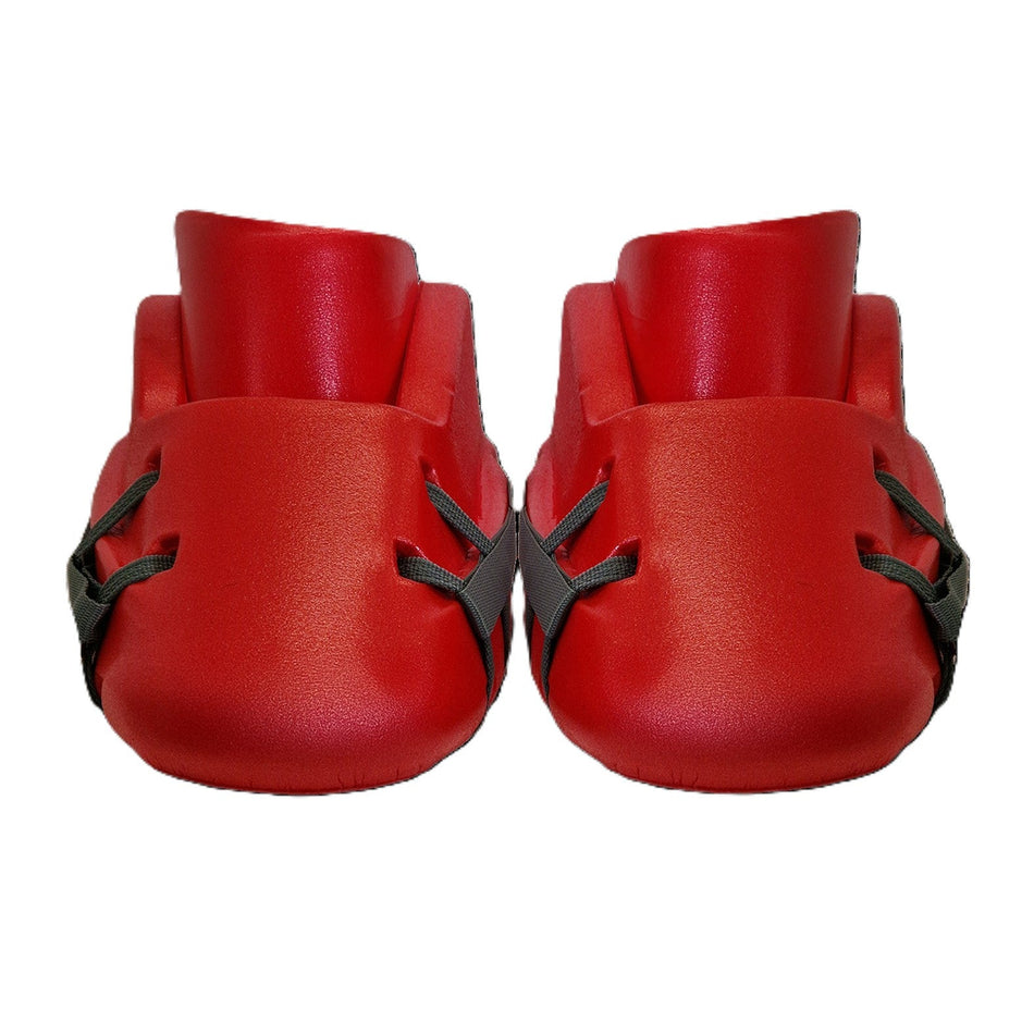 Two bright red Mercian Evolution Pro V2 Kickers by Mercian, advanced foam goalkeeping boots with black straps, are positioned side by side on a white background, facing forward.