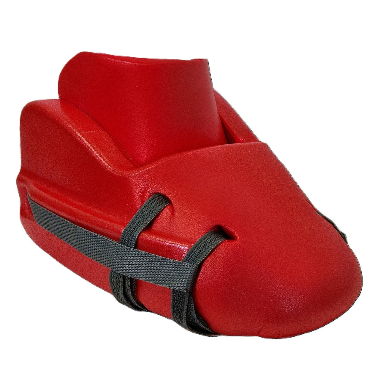 The Mercian Evolution Pro V2 Kickers by Mercian offer advanced goalkeeping performance with a bright red closed toe design, two gray adjustable straps, and innovative foam technology for superior comfort and support.