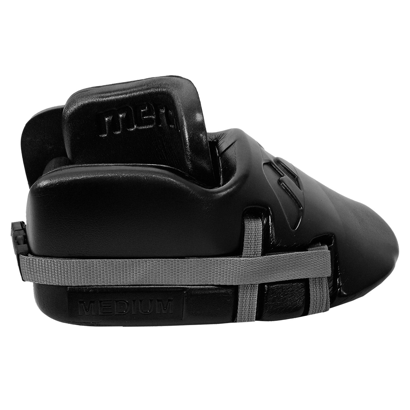 The Mercian Genesis 2 Kickers are black high-density foam martial arts foot protectors with padded sides, raised instep guard, gray adjustable MEDIUM strap for secure fit, and "men" embossed on the ankle. Custom-fit design ensures comfort.