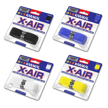 Four packets of Karakal X-AIR Grip by Karakal in black, blue, white, and yellow are displayed on a white background. Each package features a clear window that reveals the cushioned grip inside, showcasing its breathable design for improved comfort and performance.