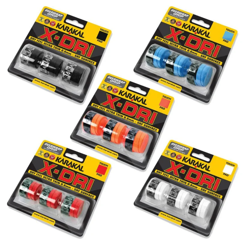 Five packs of Karakal X-DRI Overwrap Grip by Karakal, each containing three ultra-thin dry feel grips in black, blue, orange, red, and white, are displayed in their packaging.