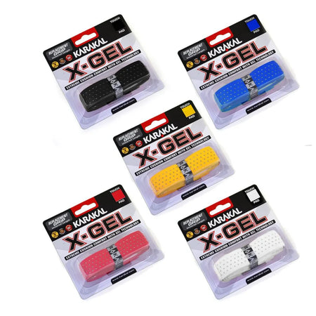 Five Karakal X-GEL Grips by Karakal, featuring gel padding, are displayed in black, blue, yellow, red, and white on a white background—perfect for all your racket sport grip needs.