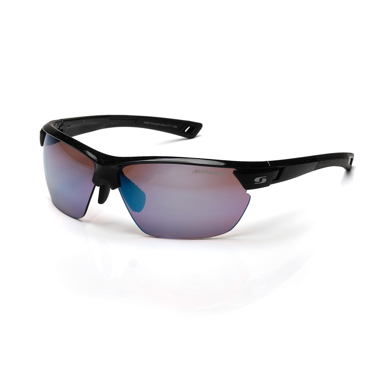 The Sunwise Kennington Black (with Cricket Lens) by Sunwise features a sporty semi-rimless design and reflective, slightly pink-tinted lenses for enhanced clarity on the field, shown against a white background.