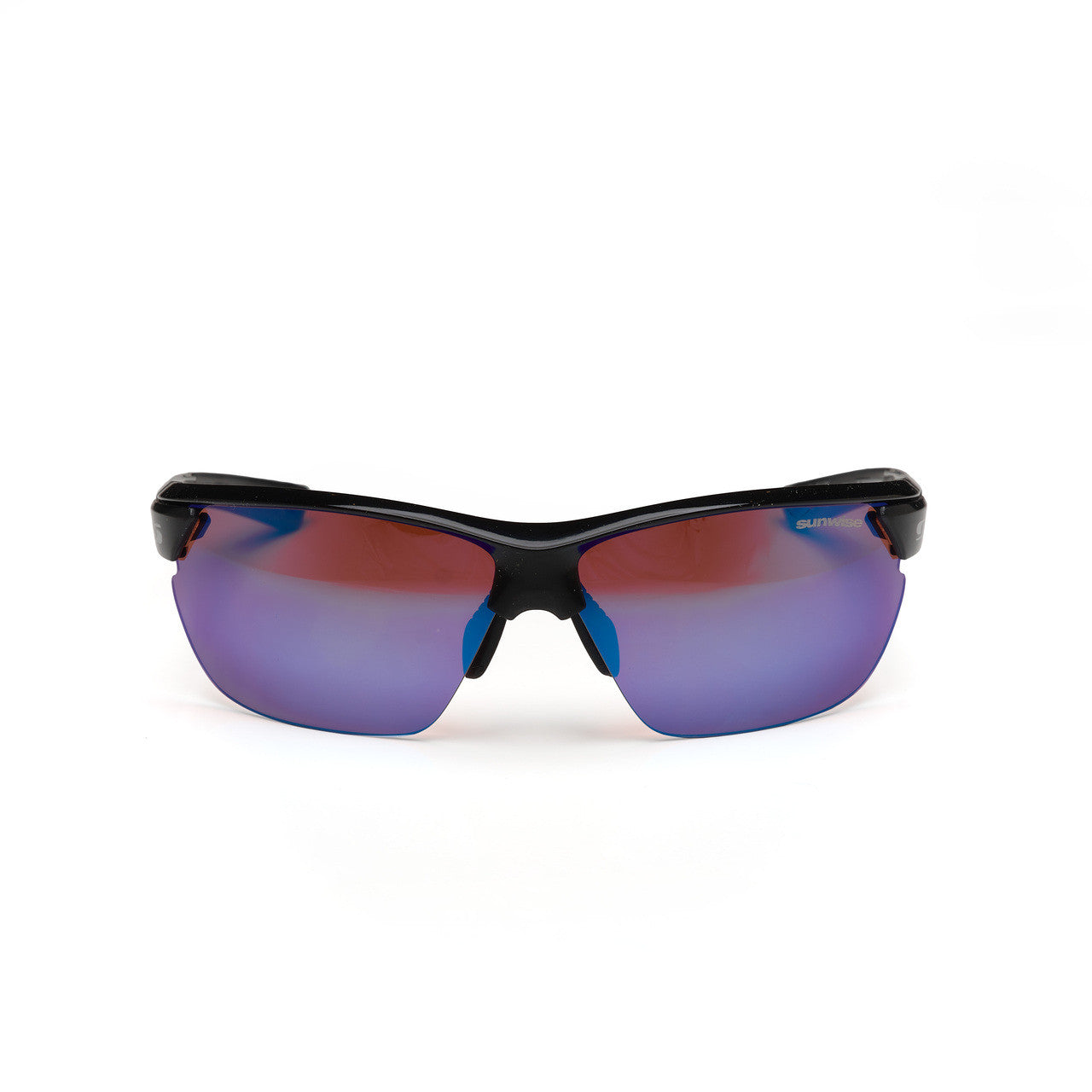 Sunwise Kennington Black (with Cricket Lens) sunglasses by Sunwise, featuring semi-rimless frames and mirrored purple-tinted lenses that enhance red balls, are shown facing forward on a white background.