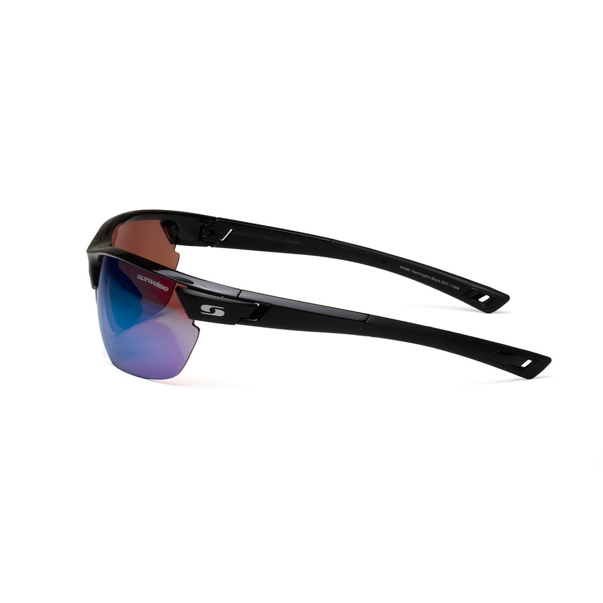 The Sunwise Kennington Black (with Cricket Lens) by Sunwise features sporty black frames, semi-rimless reflective blue-purple lenses, and thick angular arms. Shown on a white background.