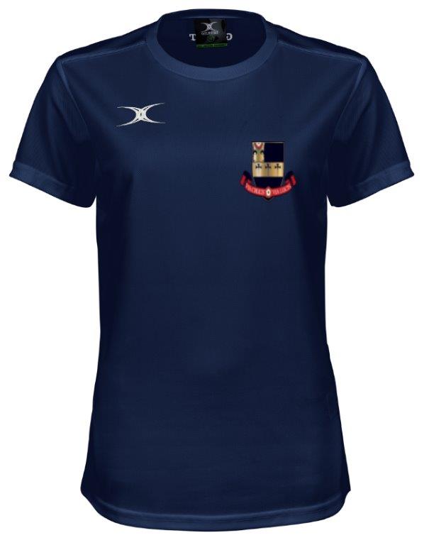The Kings School Photon II Tee Shirt (Ladies) by Gilbert is a navy short-sleeve rugby top with a small left chest crest, red ribbon, white Gilbert logo on the right, crew neck, and moisture-wicking fabric for comfort.