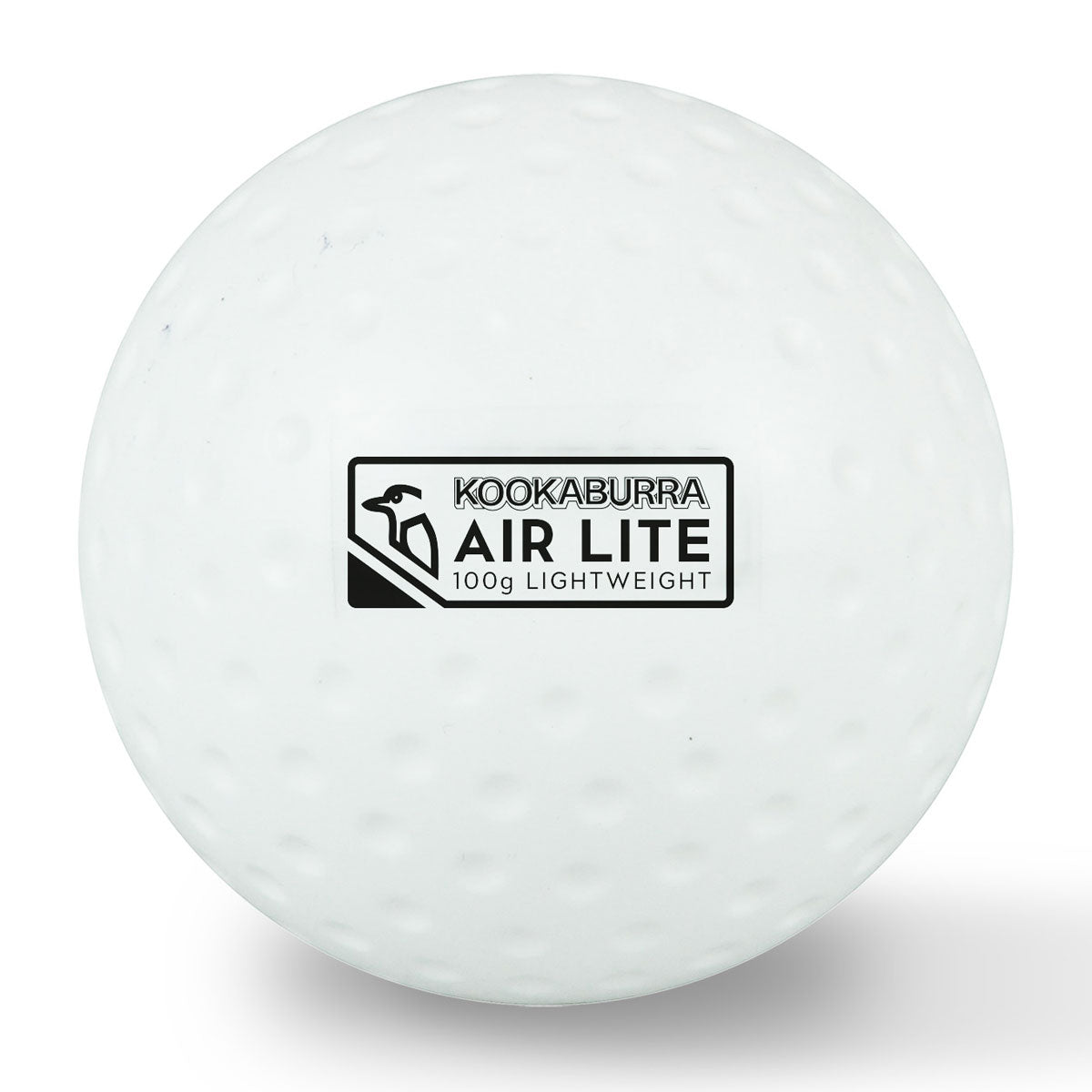The Kookaburra Air Lite Dimple Hockey Ball White is a lightweight, dimpled training ball from Kookaburra, featuring a classic white design and black and white label—ideal for hockey practice.