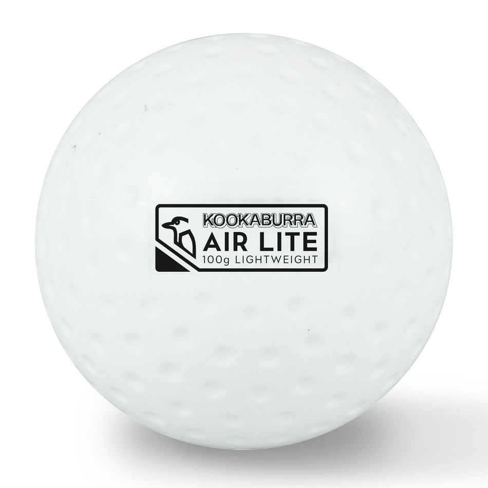 The Kookaburra Air Lite Dimple Hockey Ball White is a lightweight, dimpled training ball from Kookaburra, featuring a classic white design and black and white label—ideal for hockey practice.