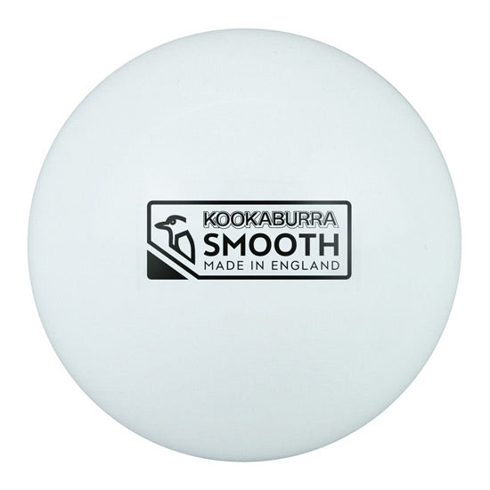 The white Kookaburra Burra Smooth Hockey Ball features the Kookaburra brand name, logo, and "Made in England" printed in black on its surface.