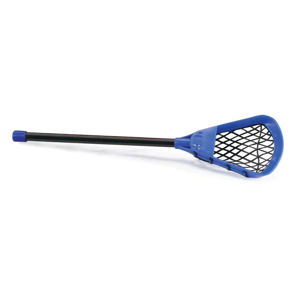 The Mastersport Pop Lacrosse Set (Shorter Shaft) is a youth stick with a plastic build, black shaft, and blue head with a netted pocket, shown on a white background.