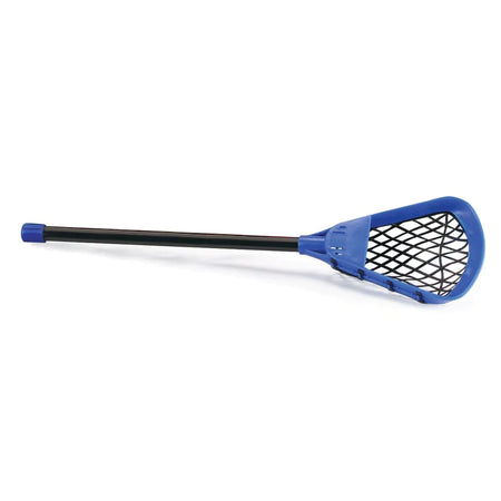 The Mastersport Pop Lacrosse Set (Shorter Shaft) is a youth stick with a plastic build, black shaft, and blue head with a netted pocket, shown on a white background.