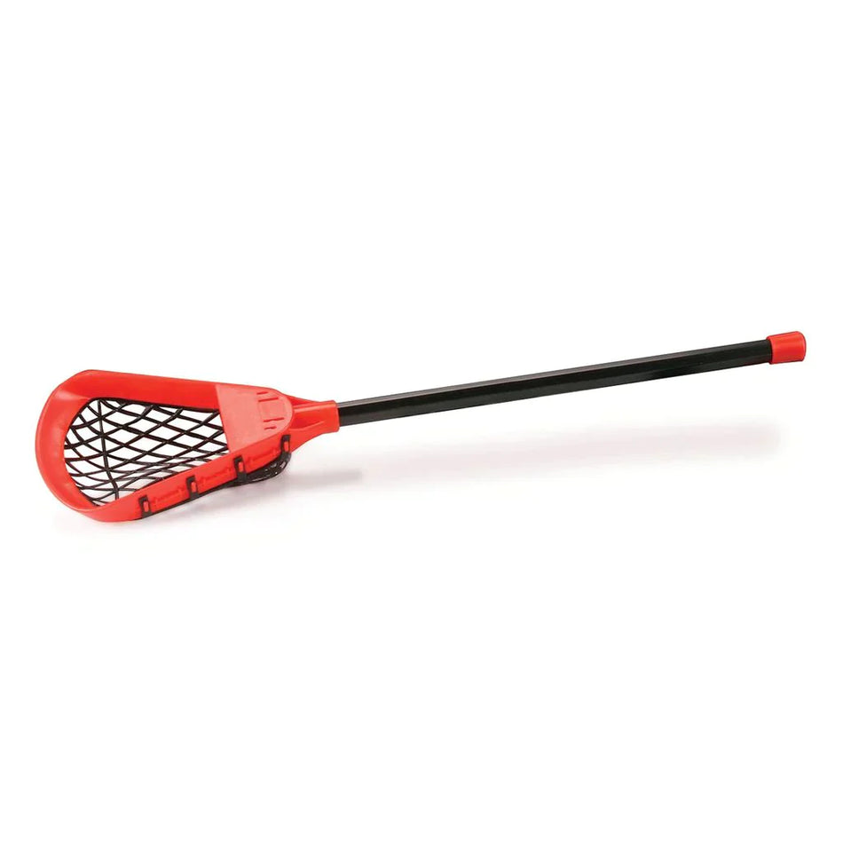 The Mastersport Pop Lacrosse Set (Shorter Shaft) is a red and black plastic dog ball launcher with a long handle and mesh scoop, designed for picking up and throwing balls, shown on a white background.