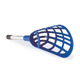 The Mastersport Mini Pop Lacrosse Stick is a blue plastic scoop with a lattice design and short metal handle, ideal for picking up balls. It resembles a beginner's lacrosse stick and is pictured on a white background.
