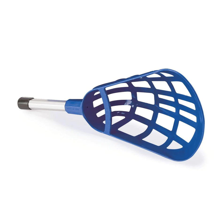 The Mastersport Mini Pop Lacrosse Stick is a blue plastic scoop with a lattice design and short metal handle, ideal for picking up balls. It resembles a beginner's lacrosse stick and is pictured on a white background.