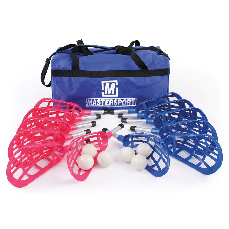 The Mastersport Mini Pop Lacrosse Set includes a blue duffel bag, six red and six blue mini lacrosse sticks, and four white plastic balls—everything kids need to play.