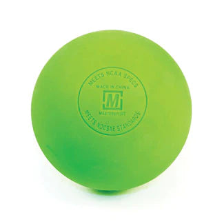 A neon green Mastersport Lacrosse Ball, made of solid regulation rubber, features the blue Mastersport logo and NCAA approval text printed on it, shown against a white background.