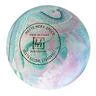The Mastersport Lacrosse Ball 6 Pack features pastel marble balls in turquoise, pink, and white that meet NCAA and NFHS specs. Each ball displays "MEETS NCAA SPECS," "MEETS NOCSAE STANDARDS," and "MADE IN CHINA" in black text.