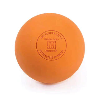 The Mastersport Lacrosse Ball 6 Pack features orange rubber balls that meet NCAA and NFHS specs. Made in China, each ball has the Mastersport logo and circular text on one side.